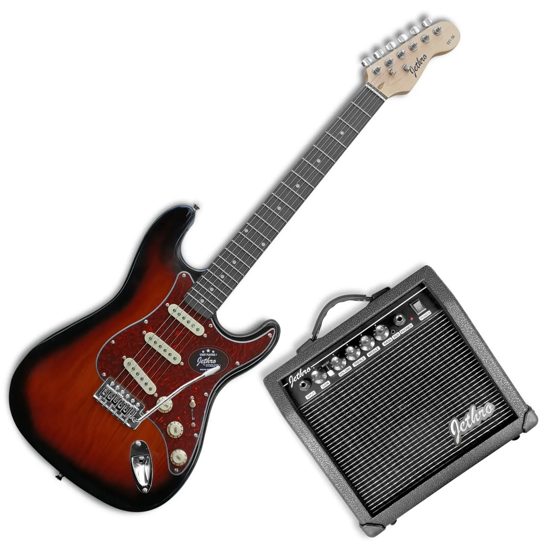 Jethro Series by Steelpro 021-SK Paquete Guitarra Eléctrica Ash Burl 3 Tone Sunburst