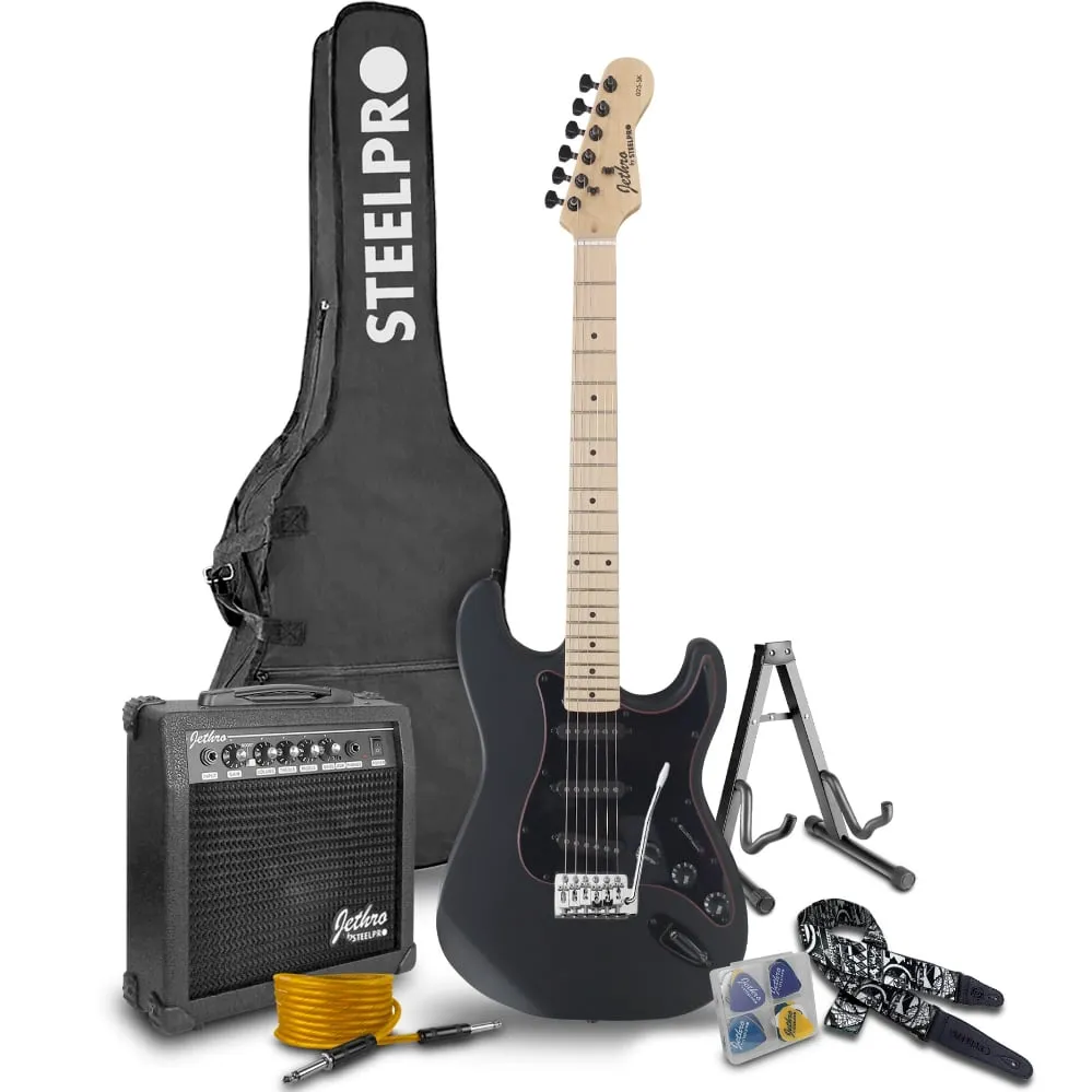 Paquete Guitarra Electrica Negra Jethro Series By steelpro 025-SK