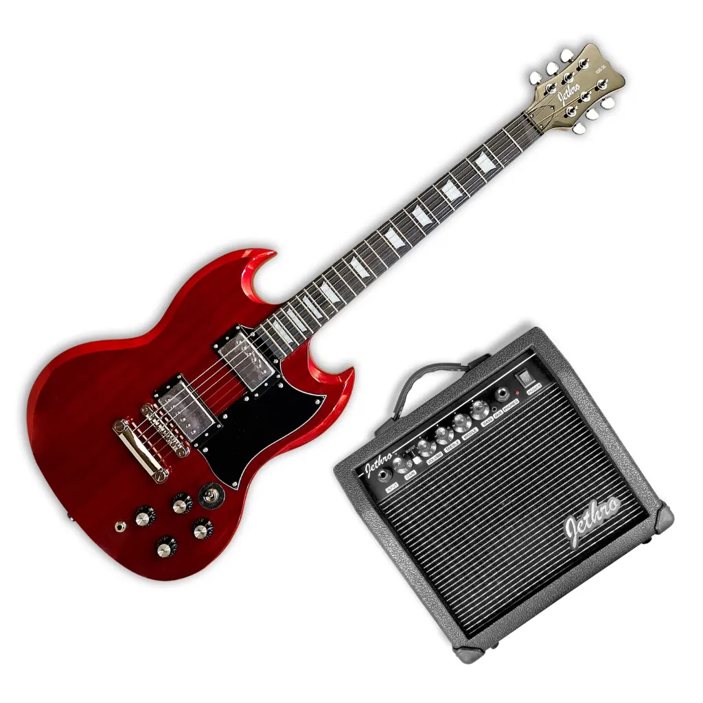 Jethro Series by Steelpro 050-SK Paquete Guitarra Eléctrica Transparent Red Sapele Veneer