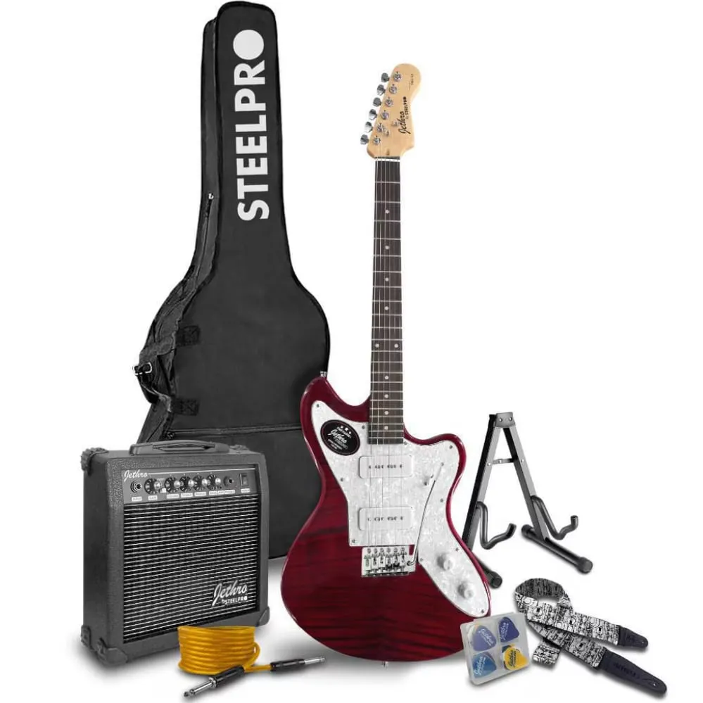 Jethro Series by Steelpro 060-SK Paquete Guitarra Eléctrica Flamed Red