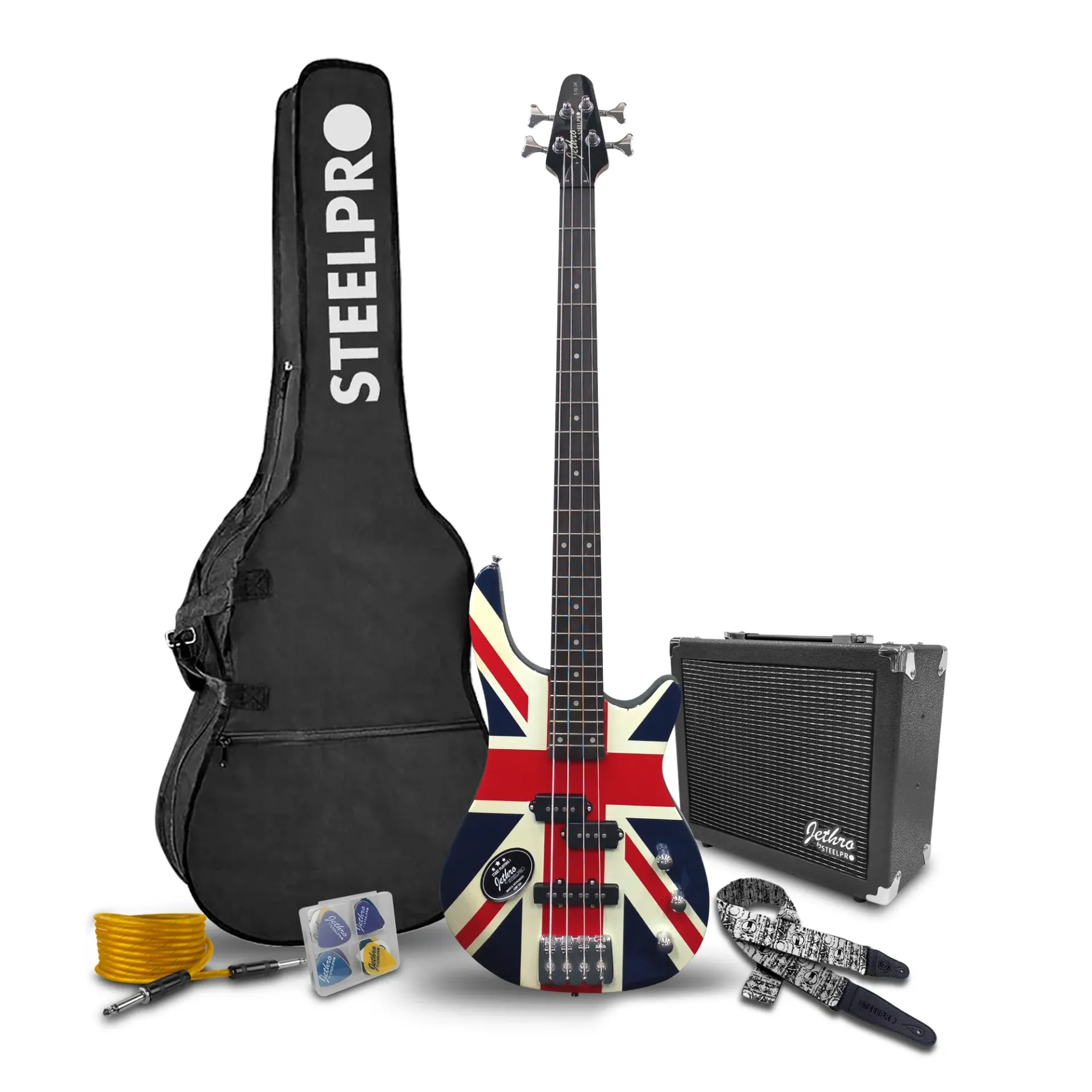 Jethro Series by Steelpro 510-SK Paquete Bajo Eléctrico Union Jack