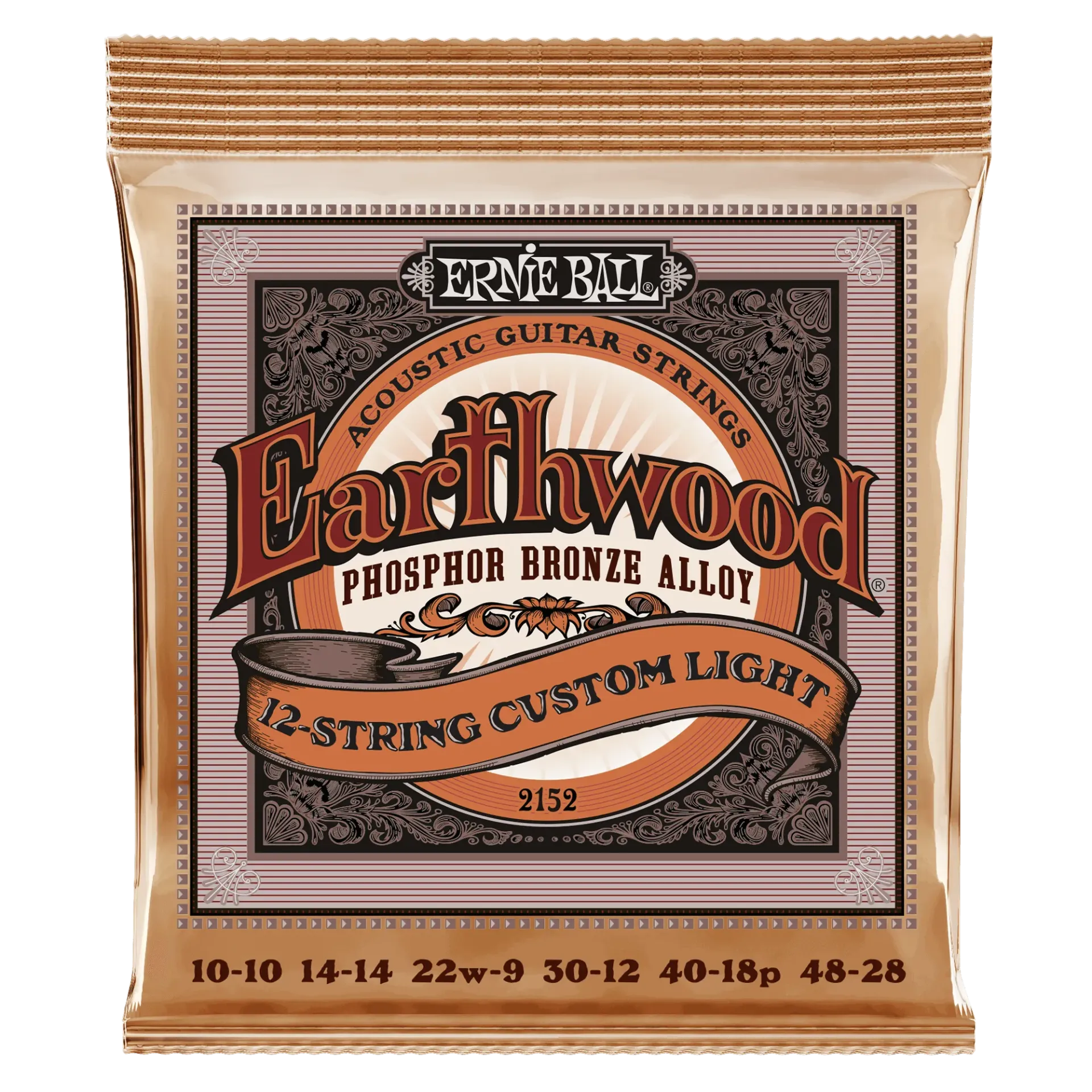Ernie Ball 2152 Earthwood Phosphor Bronze Encordadura para Guitarra Acústica de 12 Cuerdas Custom Light 10-48