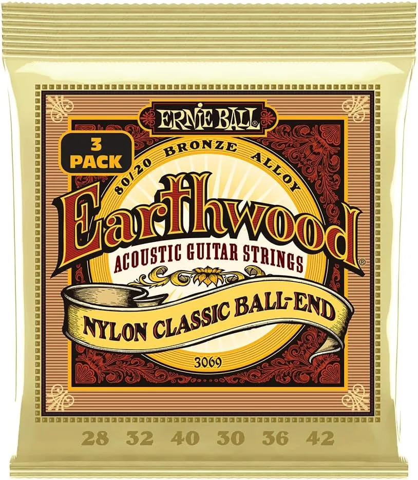 Ernie Ball - Cuerdas Earthwood Folk de nailon, transparentes y doradas con extremo esférico, bronce 80/20, paquete de 3, calibres 28-42